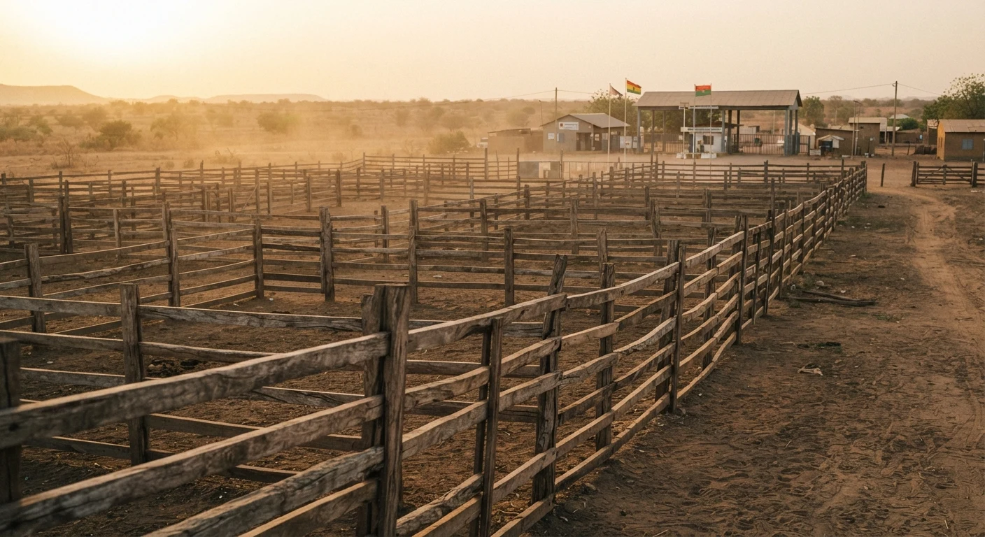 Empty livestock holding pens at a Ghana-Burkina Faso border post after the 2026 export ban, bare wooden rails and no animals waiting, dust settling in late afternoon light, documentary photograph