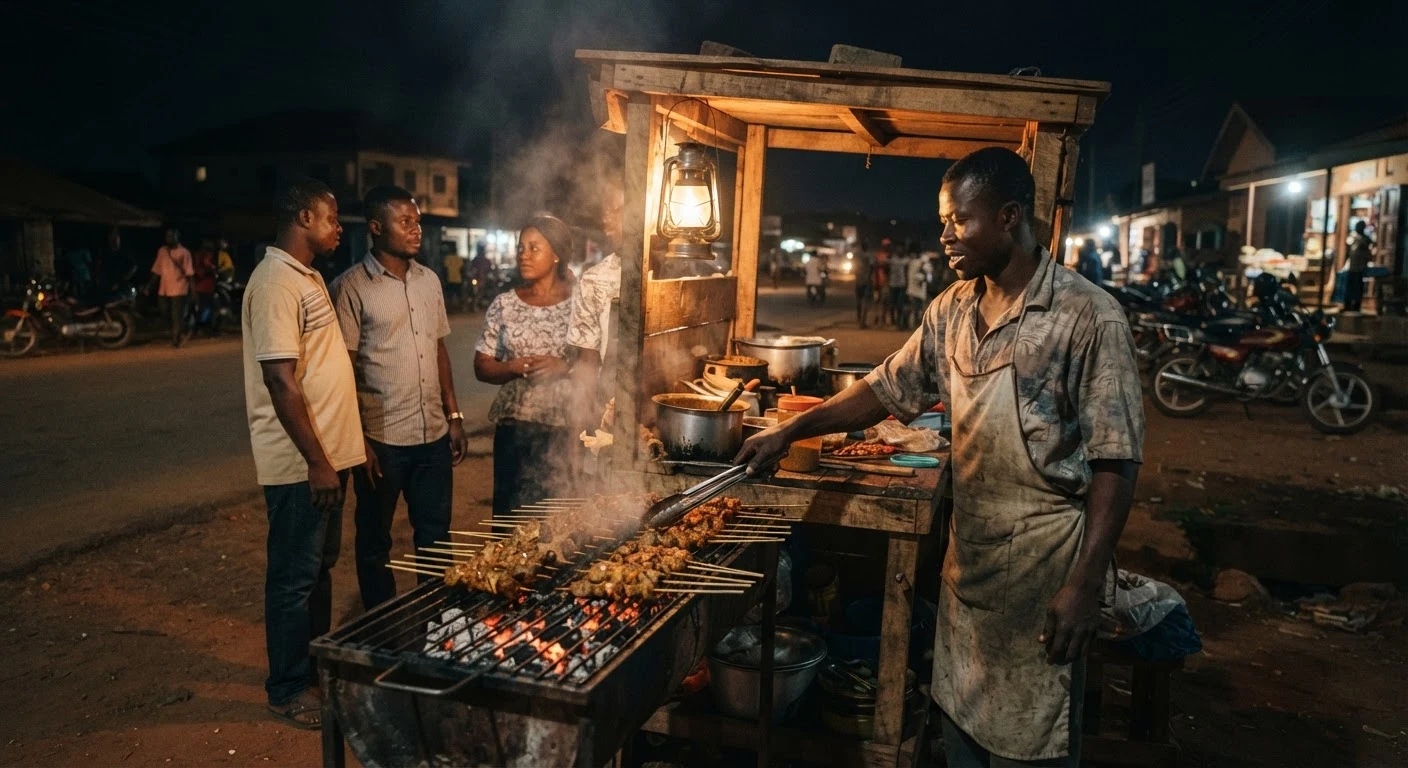 A roadside khebab stand at night in a Ghanaian town, a vendor grilling spiced goat meat skewers over hot coals, customers waiting, documentary photograph