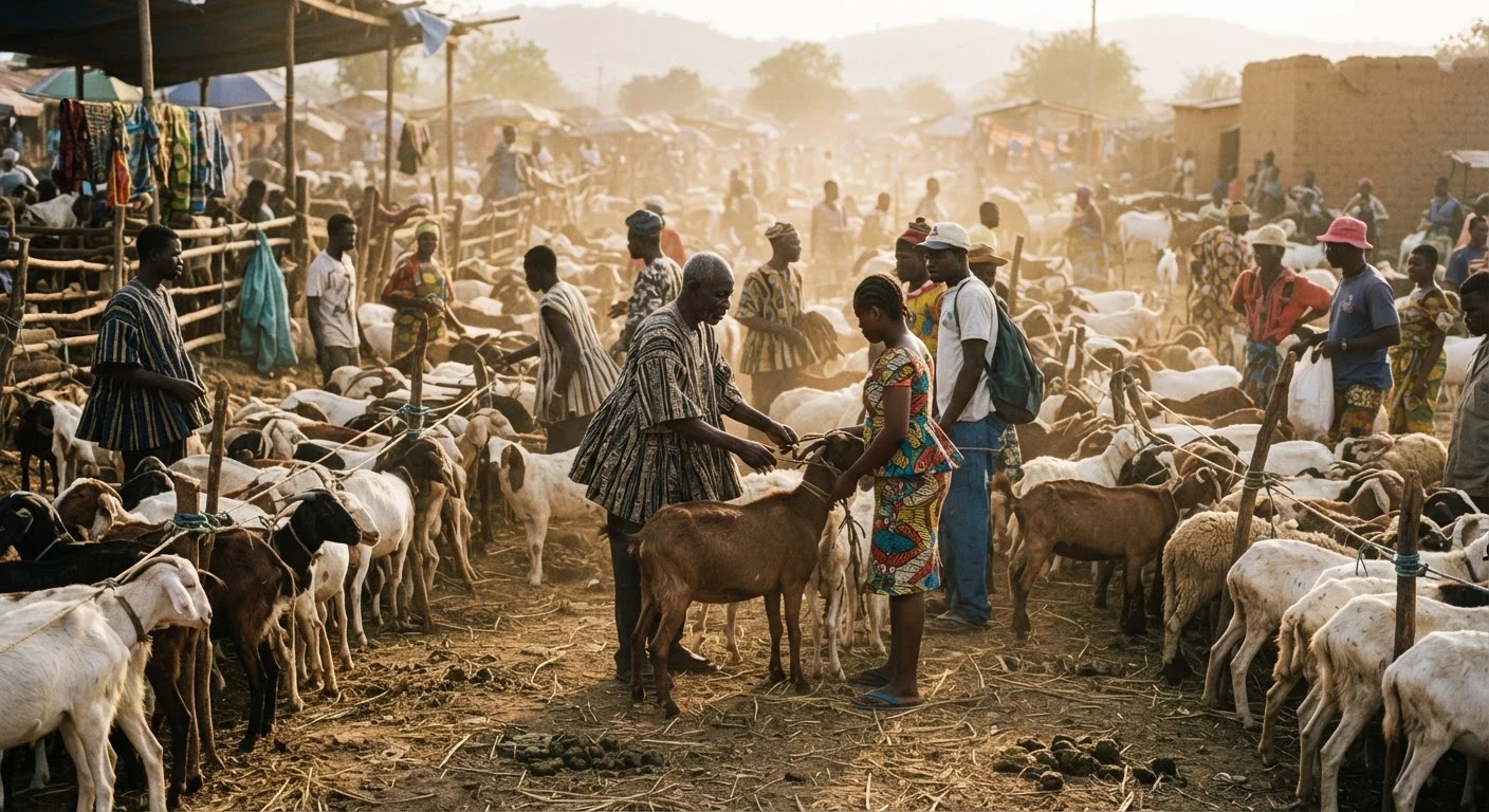 A busy Ghanaian livestock market with goats and sheep tethered in rows, traders and customers negotiating prices, dust and afternoon light, documentary photograph