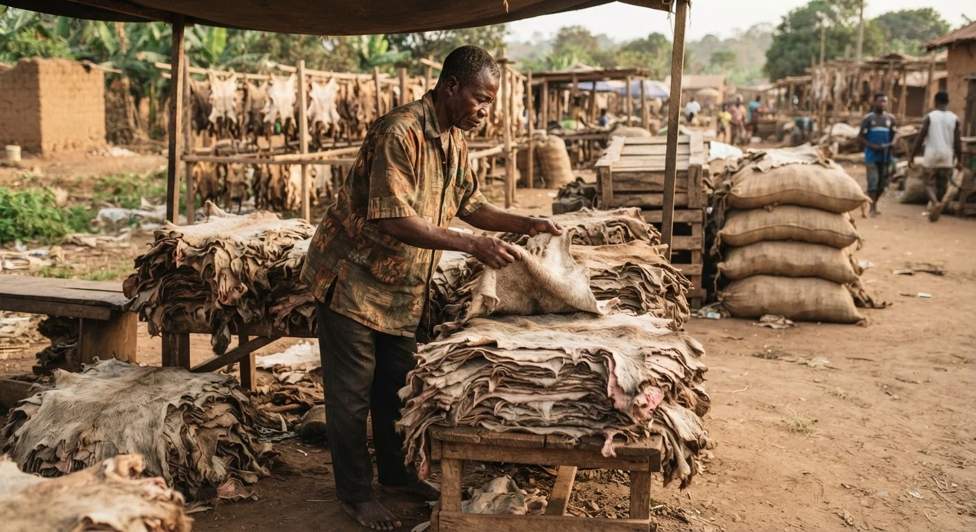 A Ghanaian trader sorting stacks of raw goat and sheep skins at an open-air hides and skins market, sacks and drying racks in the background, documentary photograph
