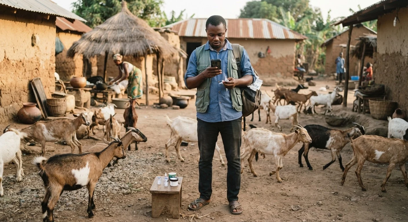 A community animal health worker in Ghana using a mobile phone to record a vaccination visit while goats mill around a rural compound, documentary photograph