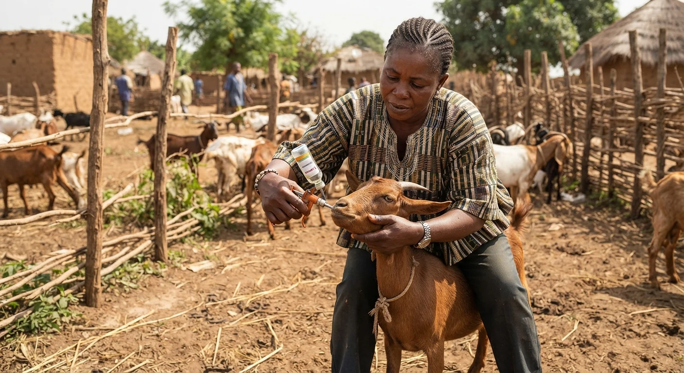 A farmer administering an oral dewormer drench to a goat using a dosing gun, in a fenced Ghanaian farmyard, documentary photograph