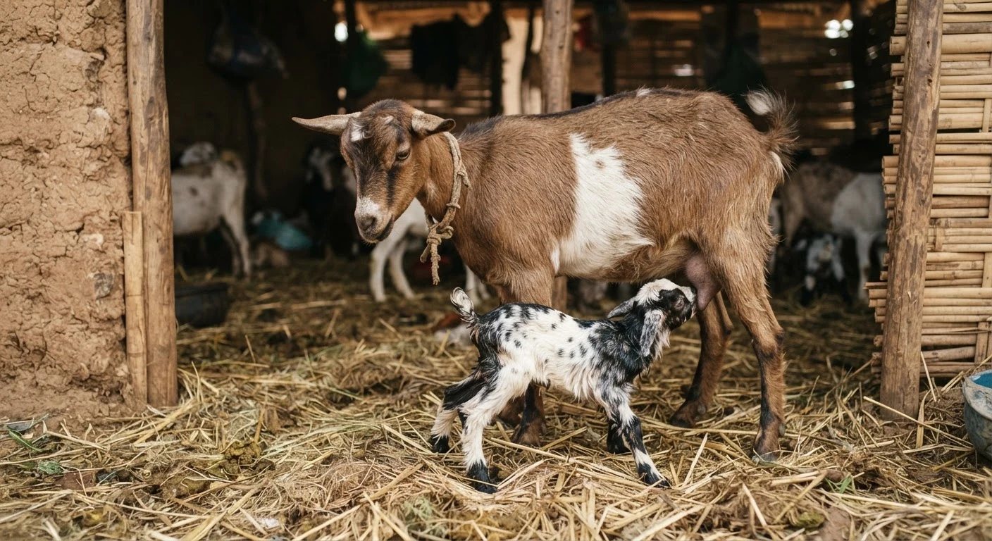 A newborn kid goat suckling from its mother in a straw-lined shelter on a Ghanaian farm, documentary photograph