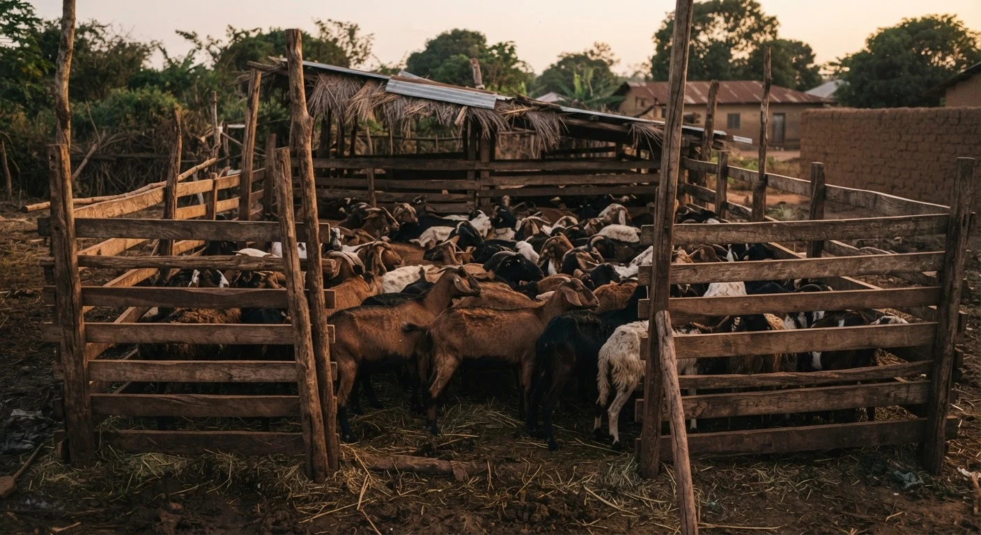 A simple wooden night housing pen crowded with goats and sheep at dusk on a small Ghanaian farm, documentary photograph
