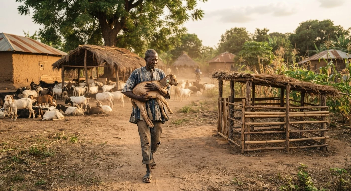 A farmer carrying a visibly weak goat to a separate small isolation pen away from the main flock, rural Ghana, documentary photograph