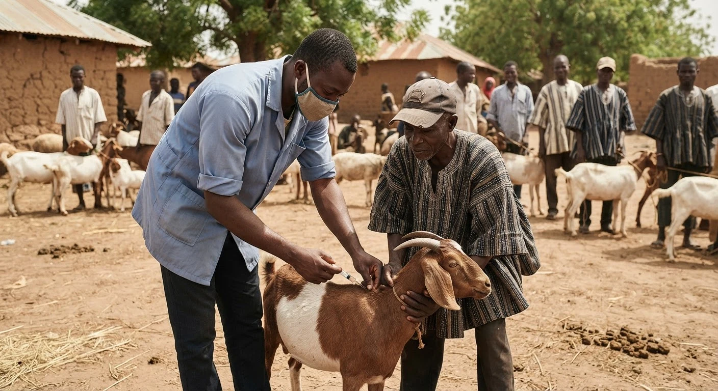 A veterinary officer vaccinating a goat held firmly by a farmer at an outdoor livestock vaccination event in northern Ghana, other goats and farmers queued nearby, documentary photograph