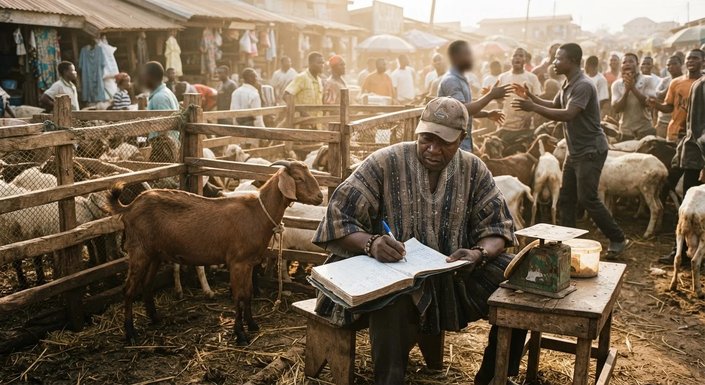 A Ghanaian livestock trader recording a goat's price and weight in a ledger beside a wooden pen at a busy market, dust and morning light, other traders negotiating in the background, documentary photograph