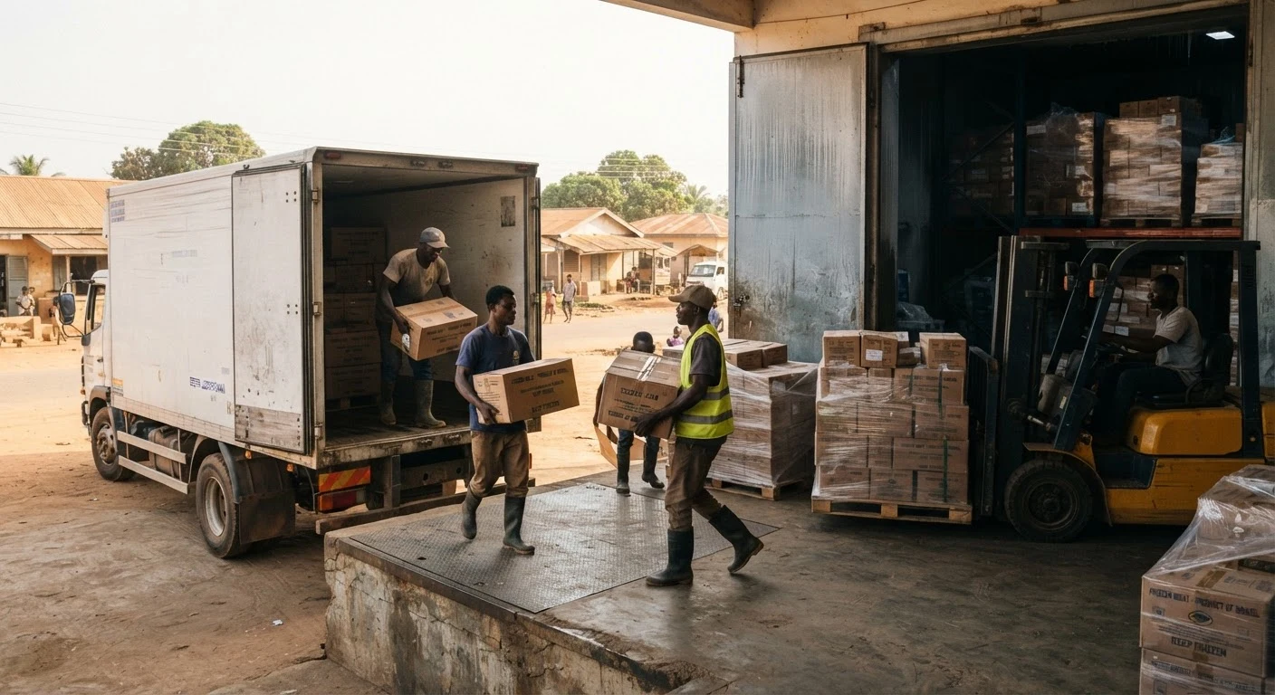 Workers unloading cartons of frozen imported meat from a refrigerated truck into a Ghanaian cold-store warehouse, stacked pallets and a forklift nearby, documentary photograph