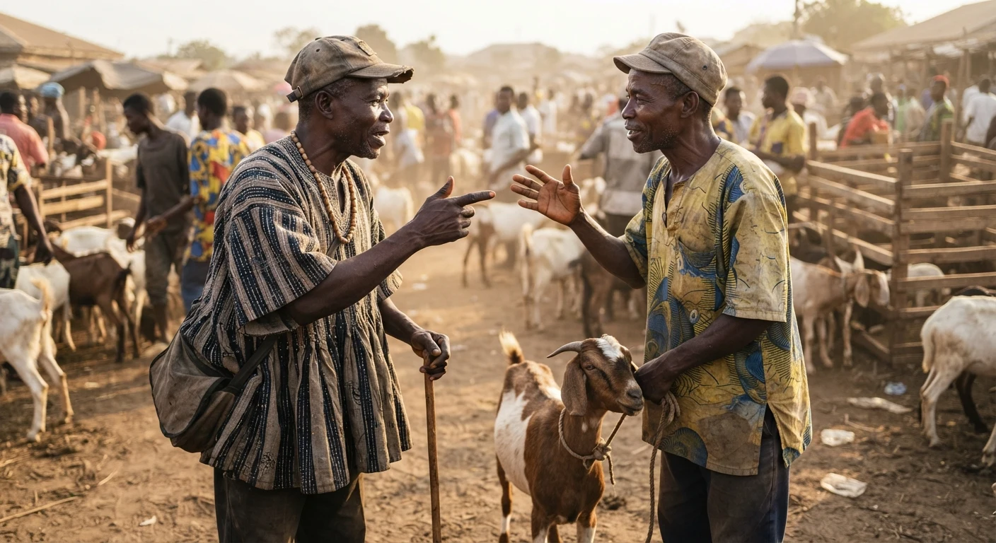 Two Ghanaian livestock traders negotiating over a goat at a crowded market, hands gesturing mid-bargain, tethered animals and dust in the afternoon light, documentary photograph