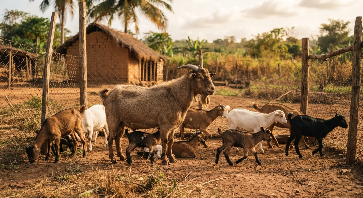 A well-built breeding buck goat standing among a small flock of does and kids in a fenced enclosure on a Ghanaian farm, documentary photograph