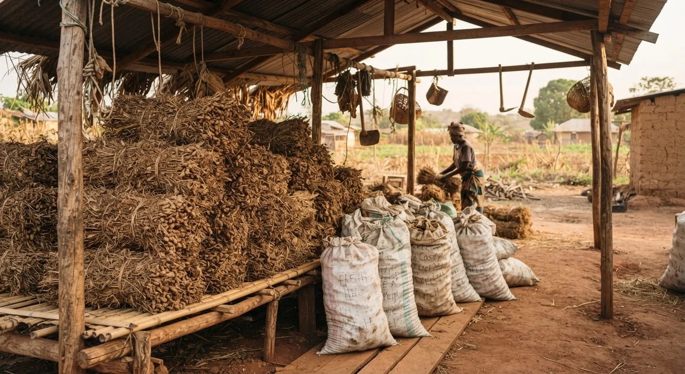Stacked bundles of dried groundnut and cowpea haulm and sacks of cassava peel stored under a shed roof on a Ghanaian farm ahead of the dry season, documentary photograph
