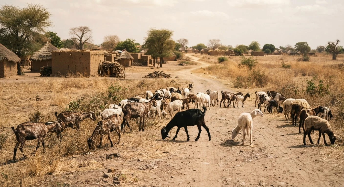 A mixed flock of West African Dwarf goats and sheep grazing freely along a dirt road on the edge of a northern Ghanaian village, no shepherd in sight, dry-season grass and scattered trees, documentary photograph