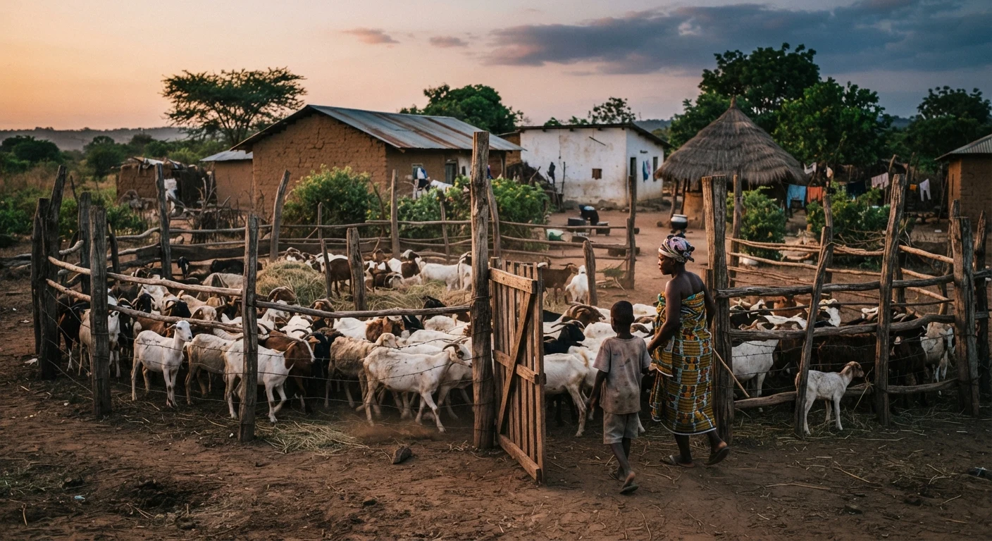 A simple wooden-post night kraal for goats and sheep beside a rural Ghanaian compound at dusk, animals being herded inside for the night, documentary photograph