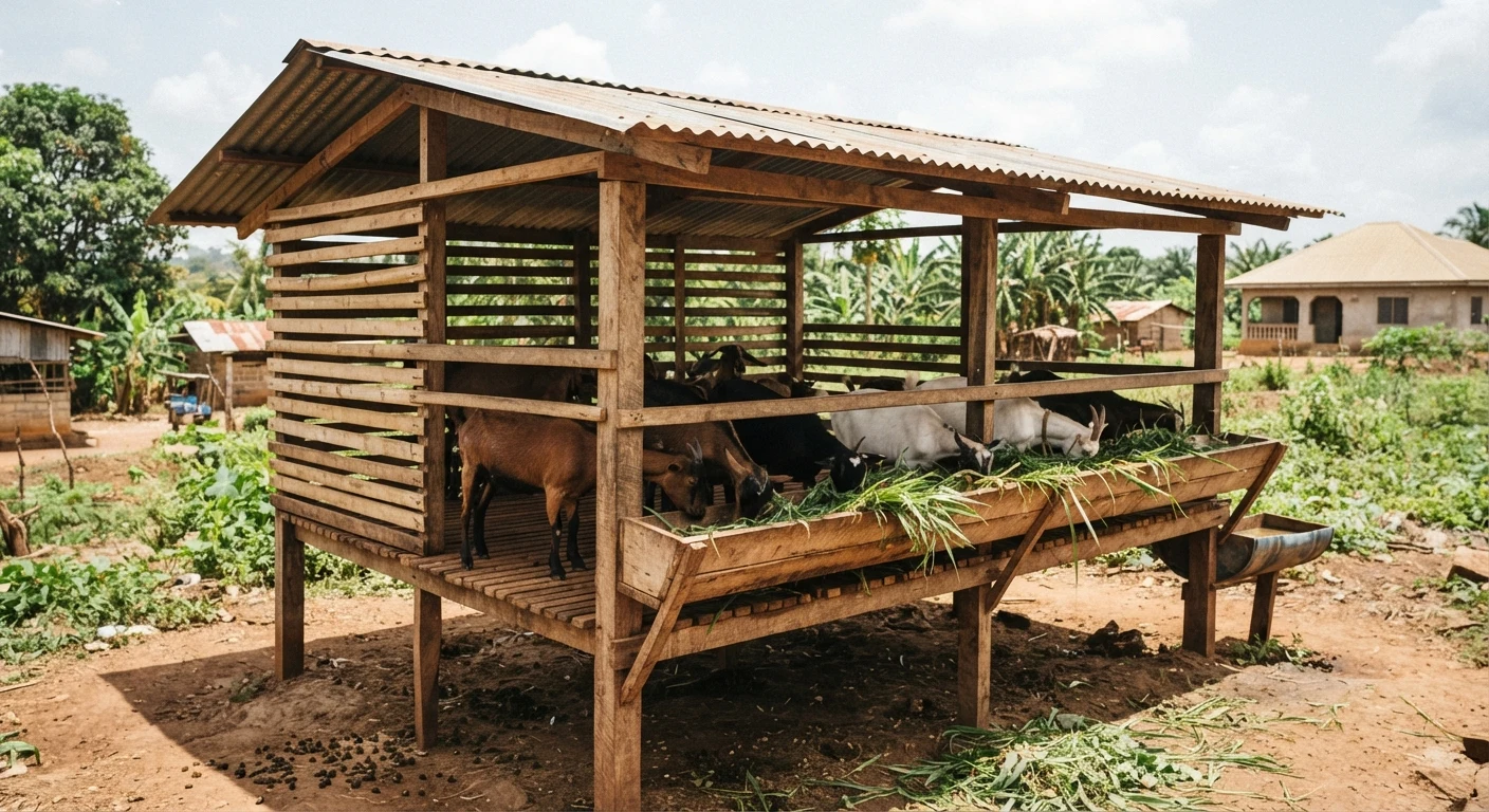 A small intensive goat housing unit with a raised slatted floor and corrugated roof on a registered farm in peri-urban Ashanti, Ghana, feed troughs visible, documentary photograph