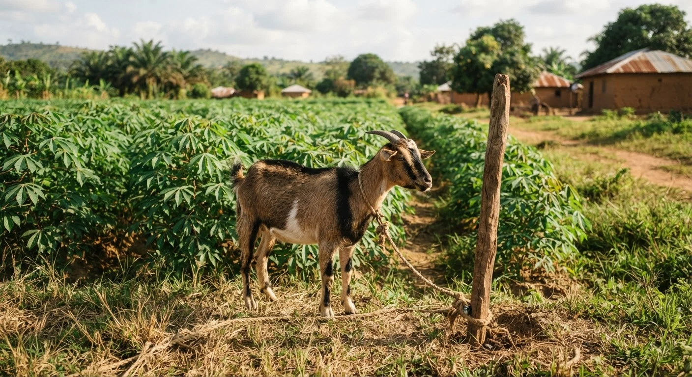 A goat tethered by a rope to a wooden stake at the edge of a smallholder's cassava field in rural Ghana, protecting the crop from browsing, documentary photograph