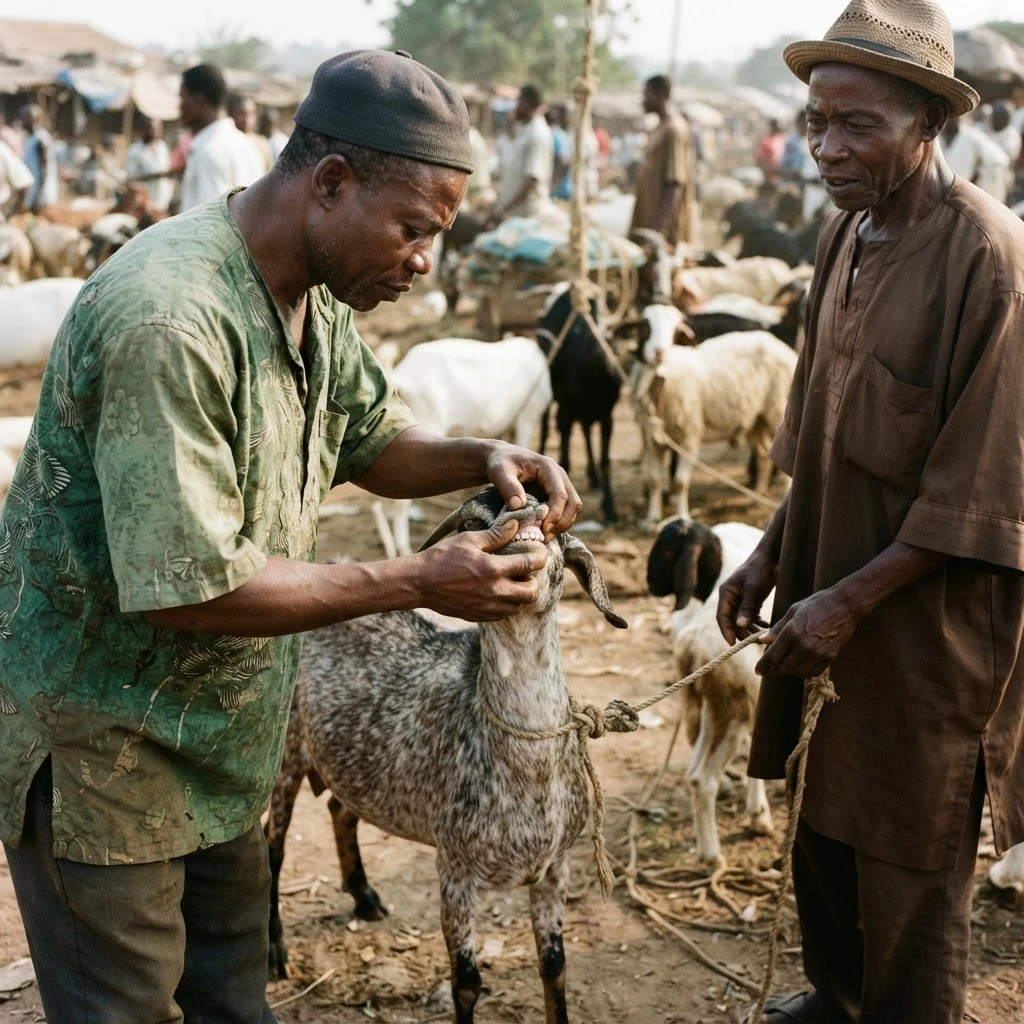 A Ghanaian farmer checking a goat's health by a fence at a rural farmstead, no vaccination record in hand, documentary photograph