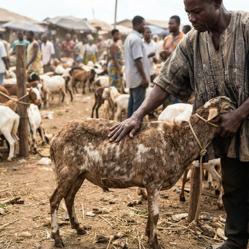 A buyer closely inspecting a goat's teeth and body condition before purchase at a busy Ghanaian livestock market, documentary photograph
