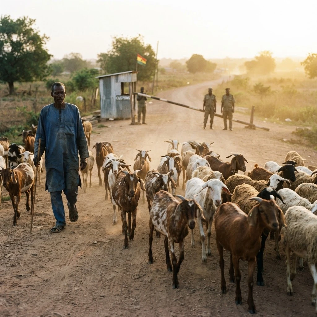 Herders trekking a mixed line of goats and sheep along a dusty road toward a Ghana-Burkina Faso border crossing, documentary photograph