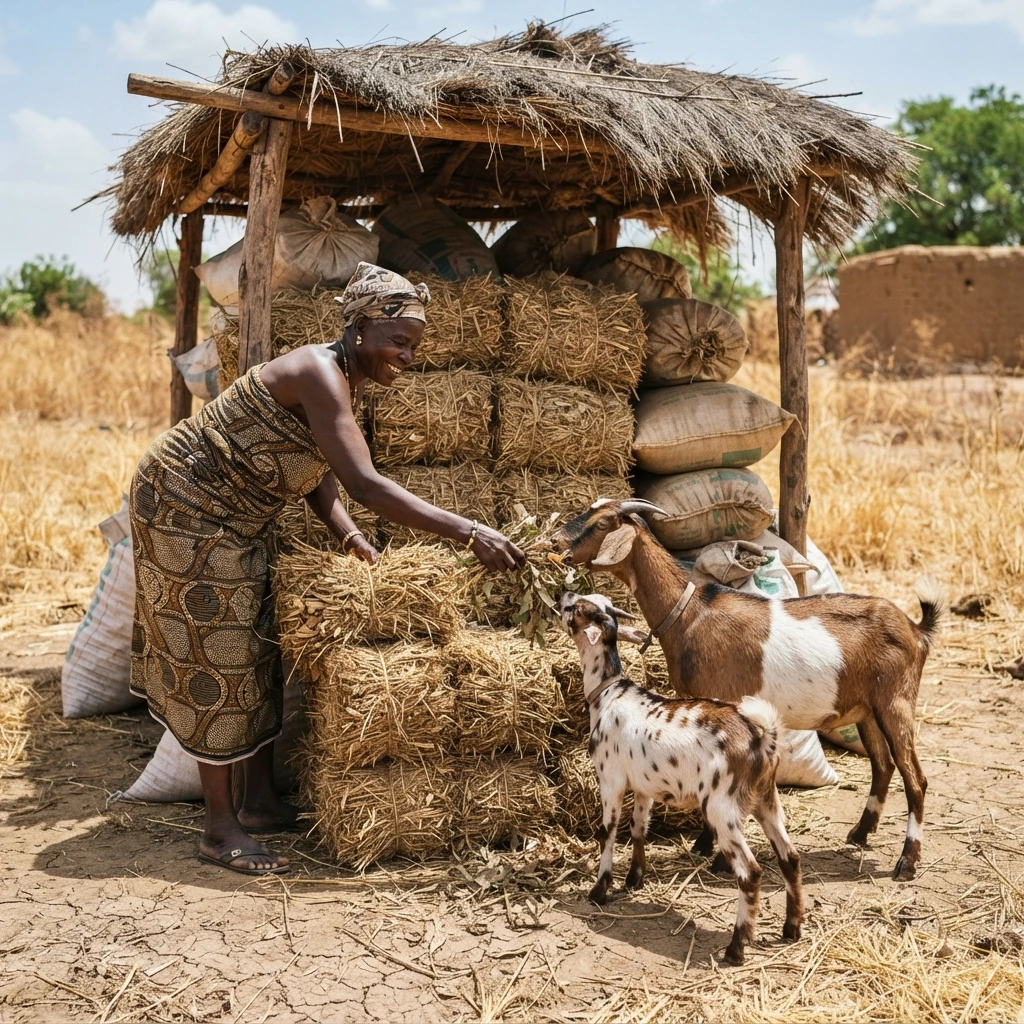 A herd of West African Dwarf goats grazing on thin dry-season pasture in rural Ghana, documentary photograph