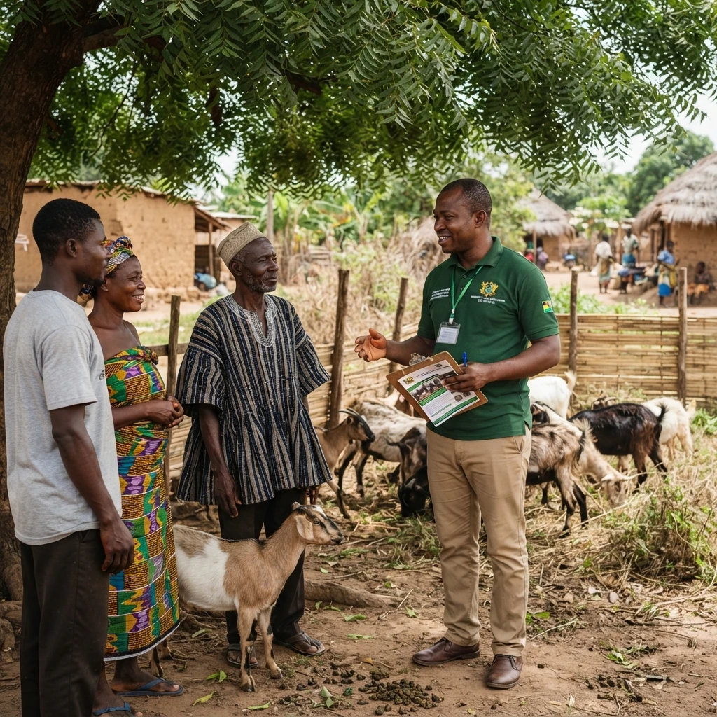 A government extension officer and a small-ruminant keeper standing beside a locked Farmers' Service Centre store, an official Feed Ghana Programme signboard weathered at the edges, documentary photograph