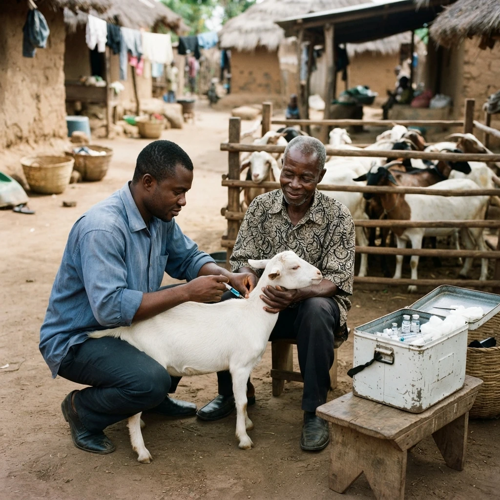 A veterinary worker giving a goat a vaccination injection while a farmer holds it steady, rural Ghana, documentary photograph