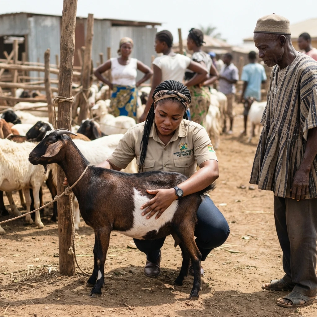 A visibly heavy-bellied doe among goats awaiting slaughter at a Ghanaian abattoir holding pen, a market worker inspecting animals without any pregnancy check
