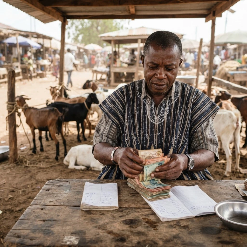 A Ghanaian livestock trader counting cedi banknotes beside a pen of goats and sheep at a busy market, documentary photograph