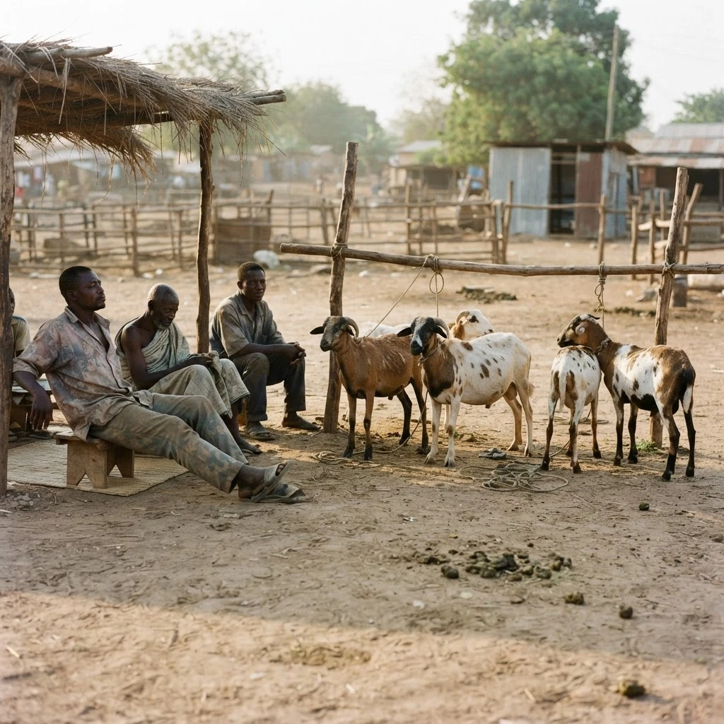 A trader standing beside unsold tethered rams at a quiet livestock market stall during a festival week, documentary photograph