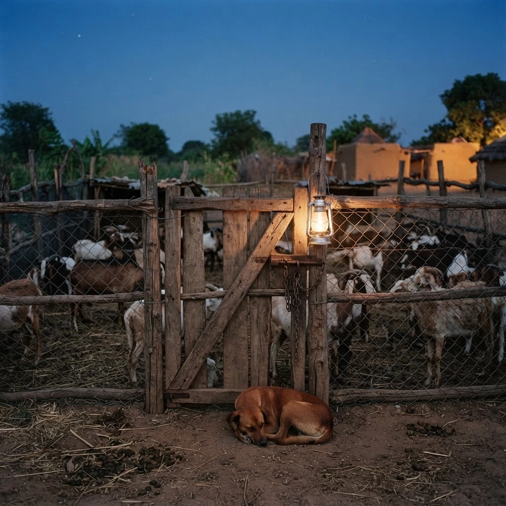 A guard dog resting inside a fenced enclosure with a group of goats in rural Ghana