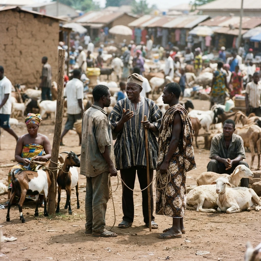 A well-known livestock trader surrounded by a crowd of sellers at a busy Ghanaian market, directing several transactions at once, documentary photograph