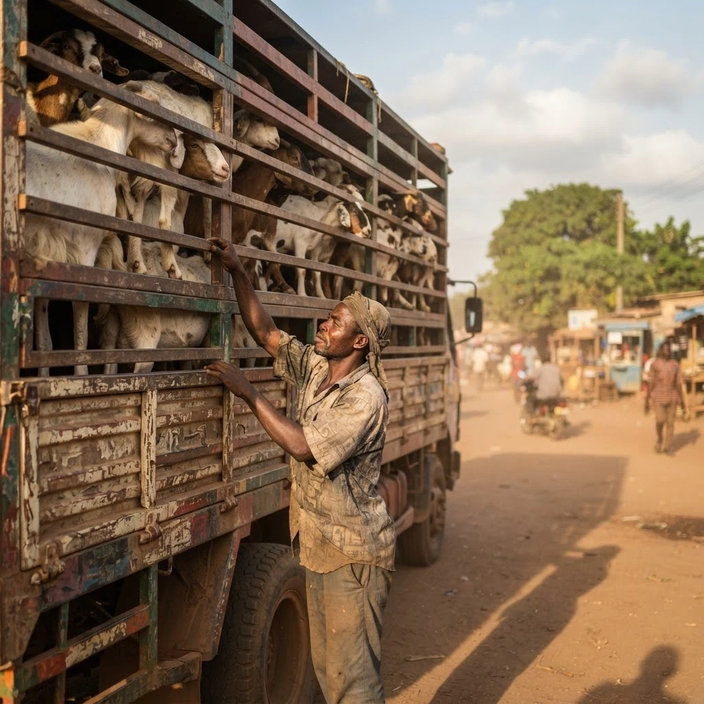 Goats and sheep crowded on a makeshift upper deck above cattle on a livestock transport truck on a rough Ghanaian highway, a checkpoint barrier visible ahead