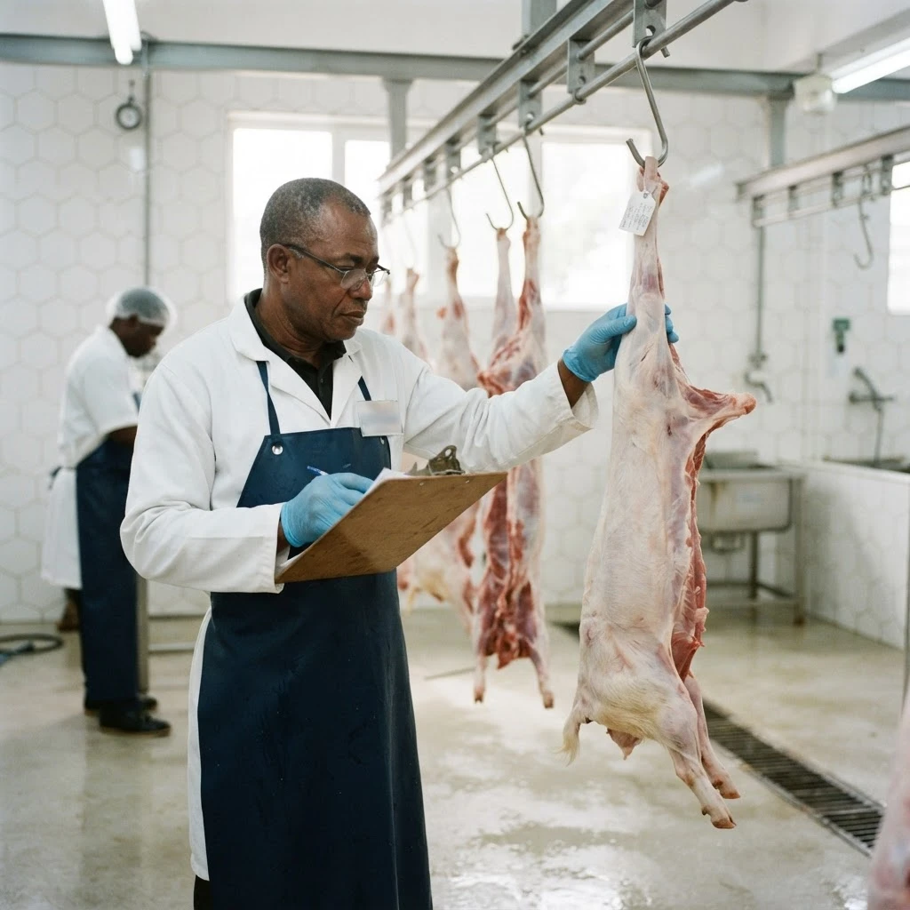 An informal backyard slaughter slab in Ghana with no veterinary presence, a carcass being dressed on a concrete floor with no chilling or hygiene equipment visible