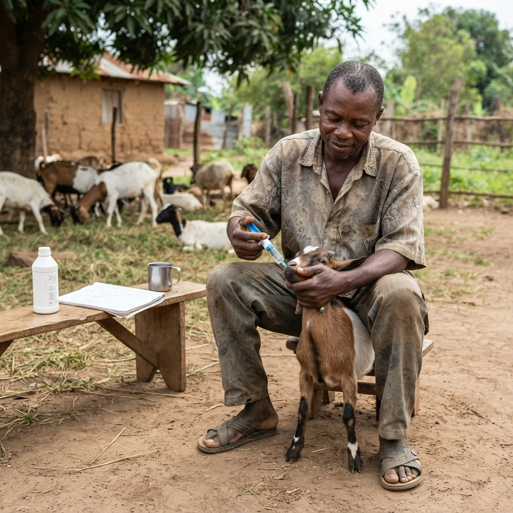 A farmer inspecting a goat closely by a fence in a Ghanaian farmyard, documentary photograph
