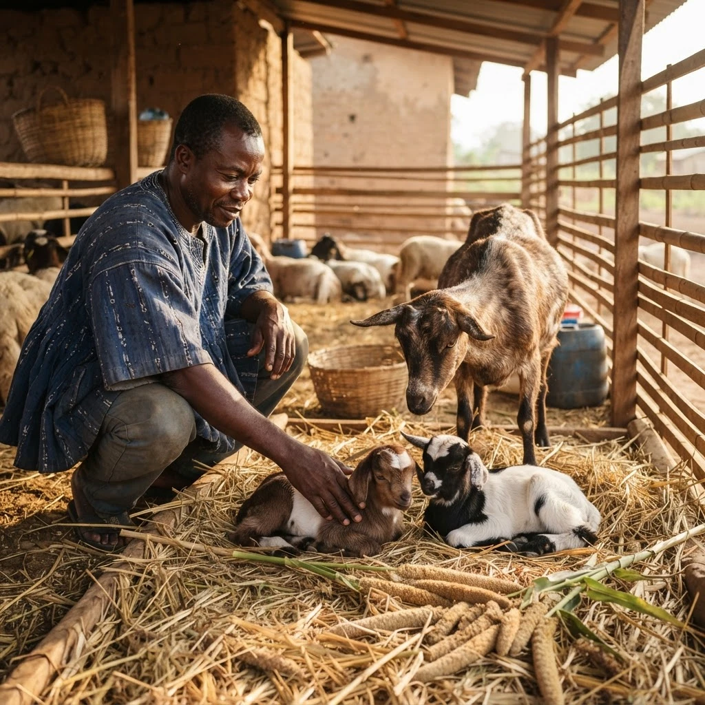 A farmer crouching among several goats and young kids in a fenced pen, rural Ghana, documentary photograph