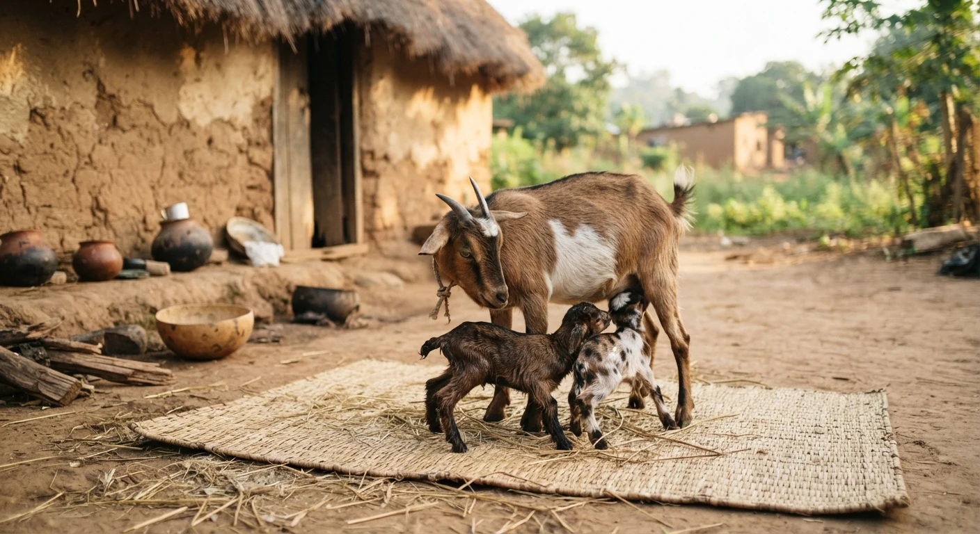 A West African Dwarf goat doe nursing two newborn kids on a woven mat outside a rural Ghanaian home, morning light, documentary photograph