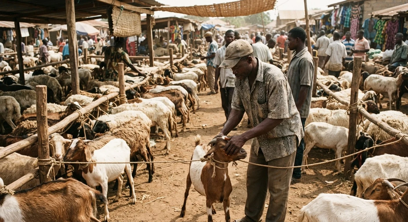 A crowded live animal market in Ghana with goats and sheep tethered in rows and buyers examining animals by hand, no visible health records or tags, documentary photograph