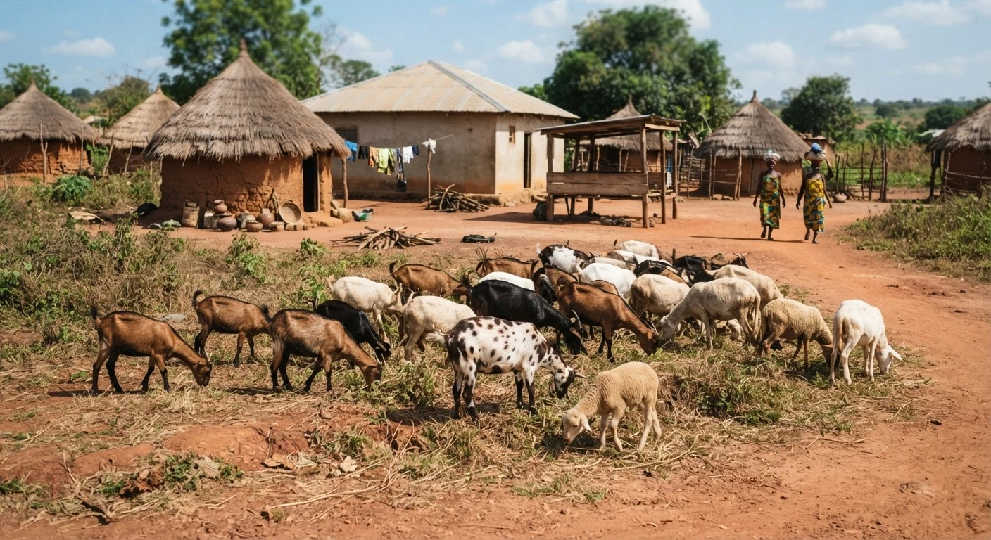 A mixed flock of small West African Dwarf goats and sheep grazing together beside a rural Ghanaian compound at midday, red laterite soil, thatched huts in the background, documentary photograph