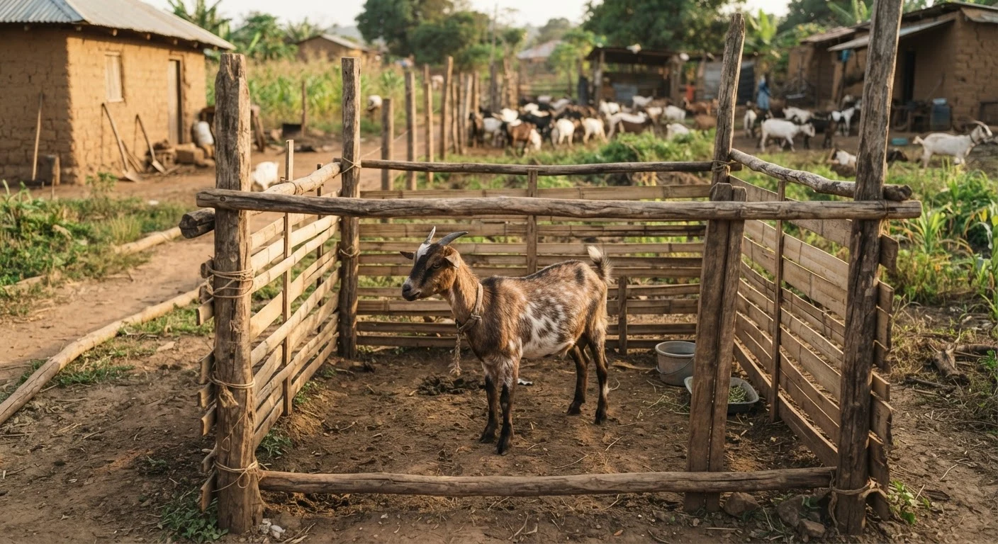 A newly purchased goat penned alone in a simple wooden quarantine enclosure on a Ghanaian smallholding, separate from the main flock, documentary photograph