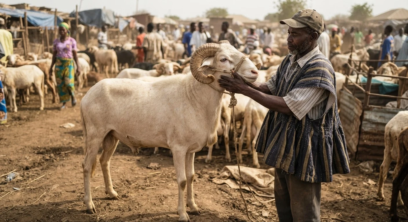 A large, tall Sahelian ram with long legs and pale coat being inspected by a trader at a northern Ghana livestock market ahead of a festival, documentary photograph