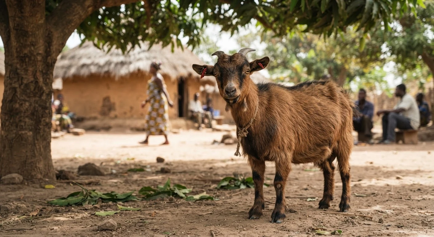A close-up portrait of a small, tough West African Dwarf goat standing in the shade of a mango tree in a Ghanaian village, its short legs and stocky build visible, documentary photograph