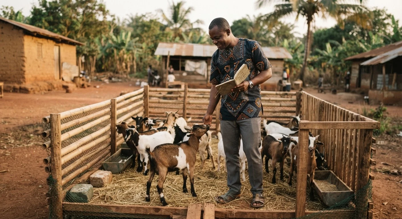 A Ghanaian entrepreneur inspecting a small semi-intensive breeding flock of West African Dwarf goats in a simple raised night pen, notebook in hand, documentary photograph