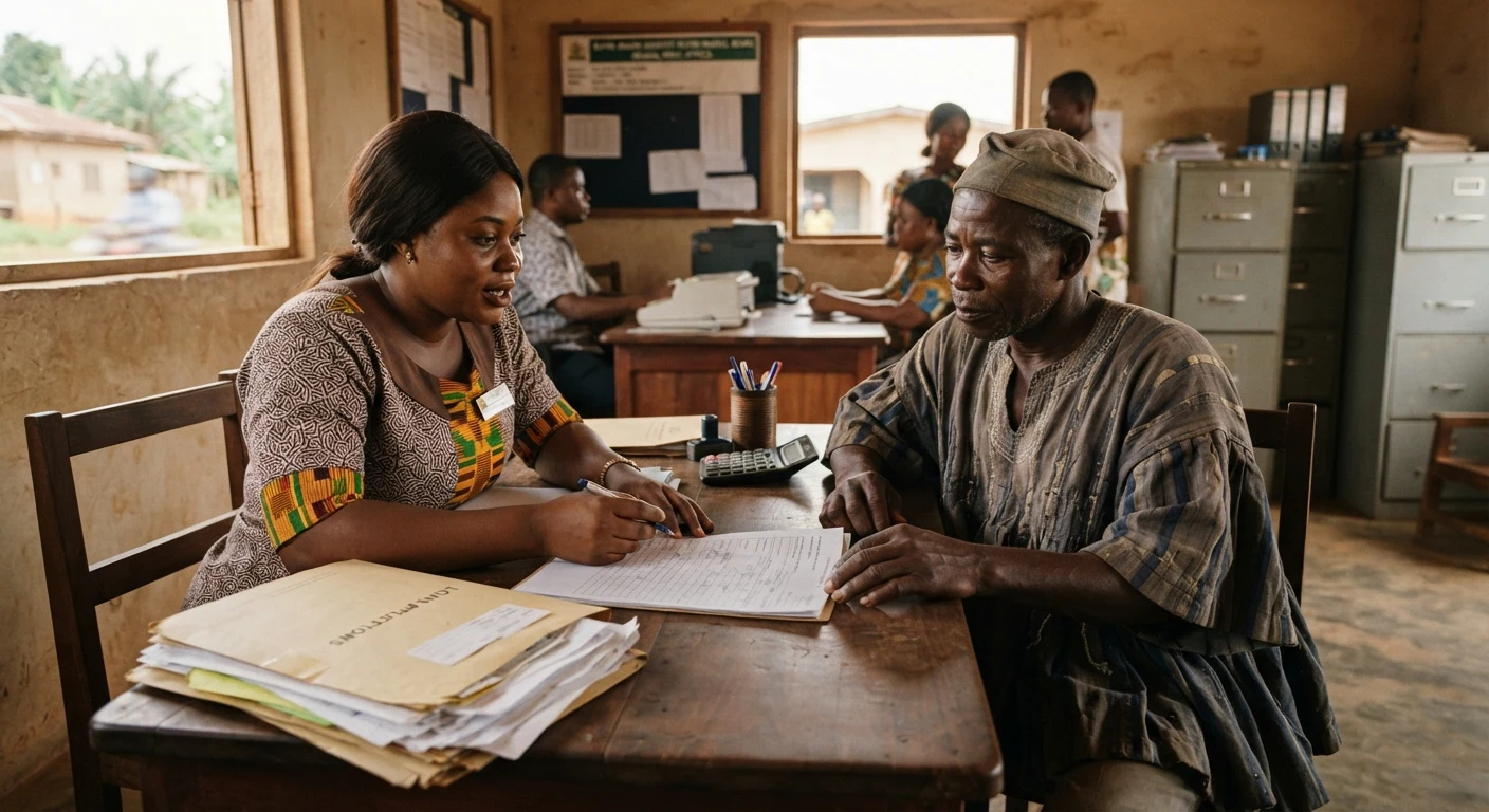 A loan officer at a rural Ghanaian bank branch reviewing a GIRSAL credit-guarantee application form with a small-ruminant farmer, a folder of documents on the desk between them, documentary photograph