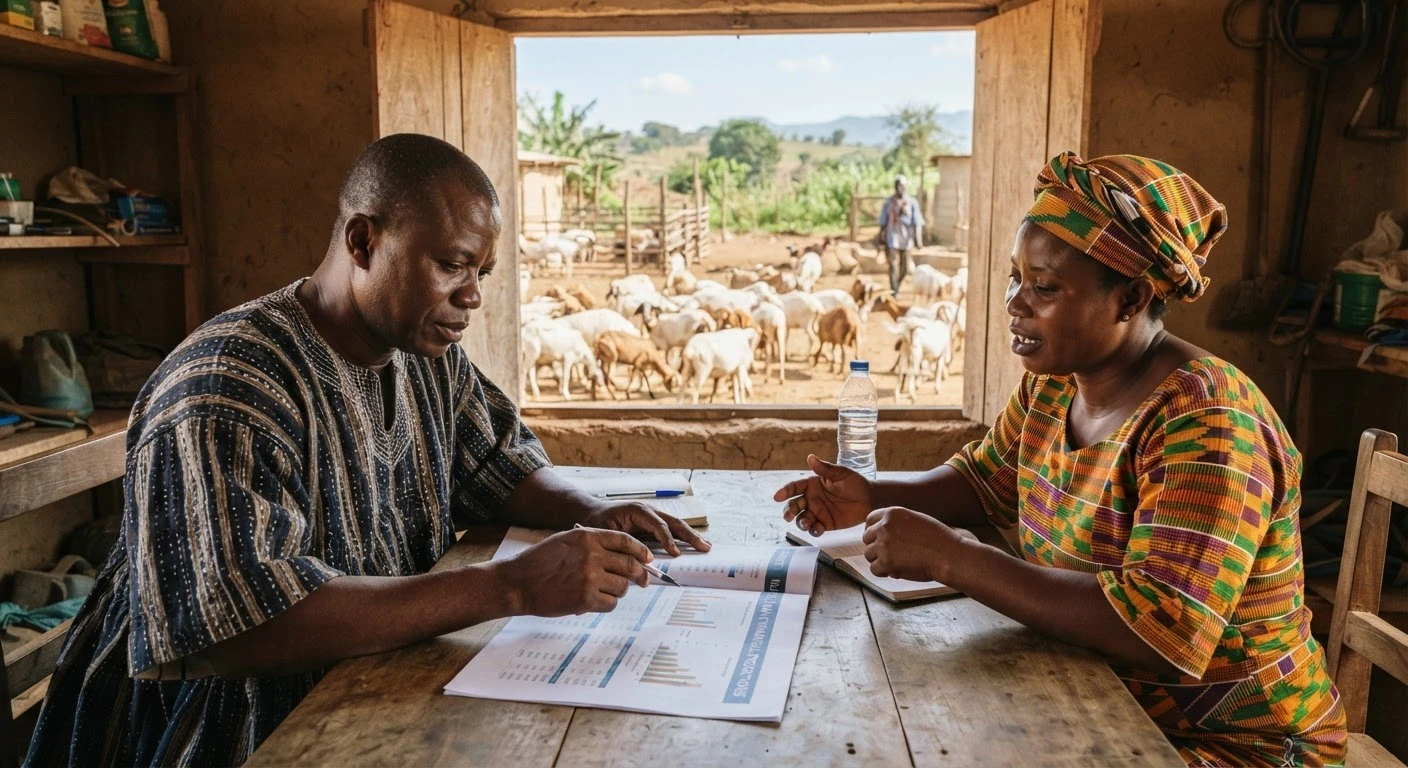 A Ghanaian investor and a small-ruminant business owner reviewing a business plan and financial projections across a table, a flock visible through the window behind them, documentary photograph