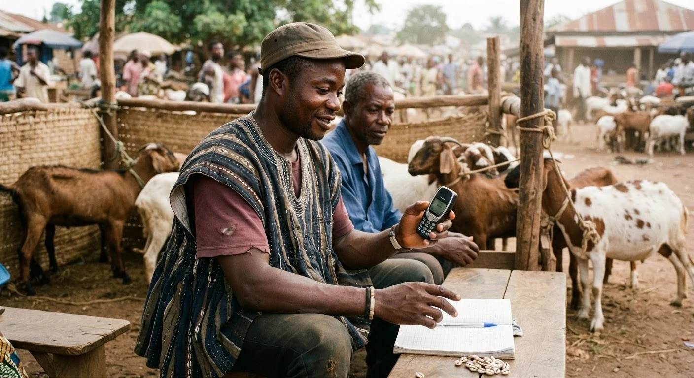 A Ghanaian small-ruminant keeper using a basic mobile phone to record a sale on mobile money at an open-air livestock market, goats tethered behind, documentary photograph