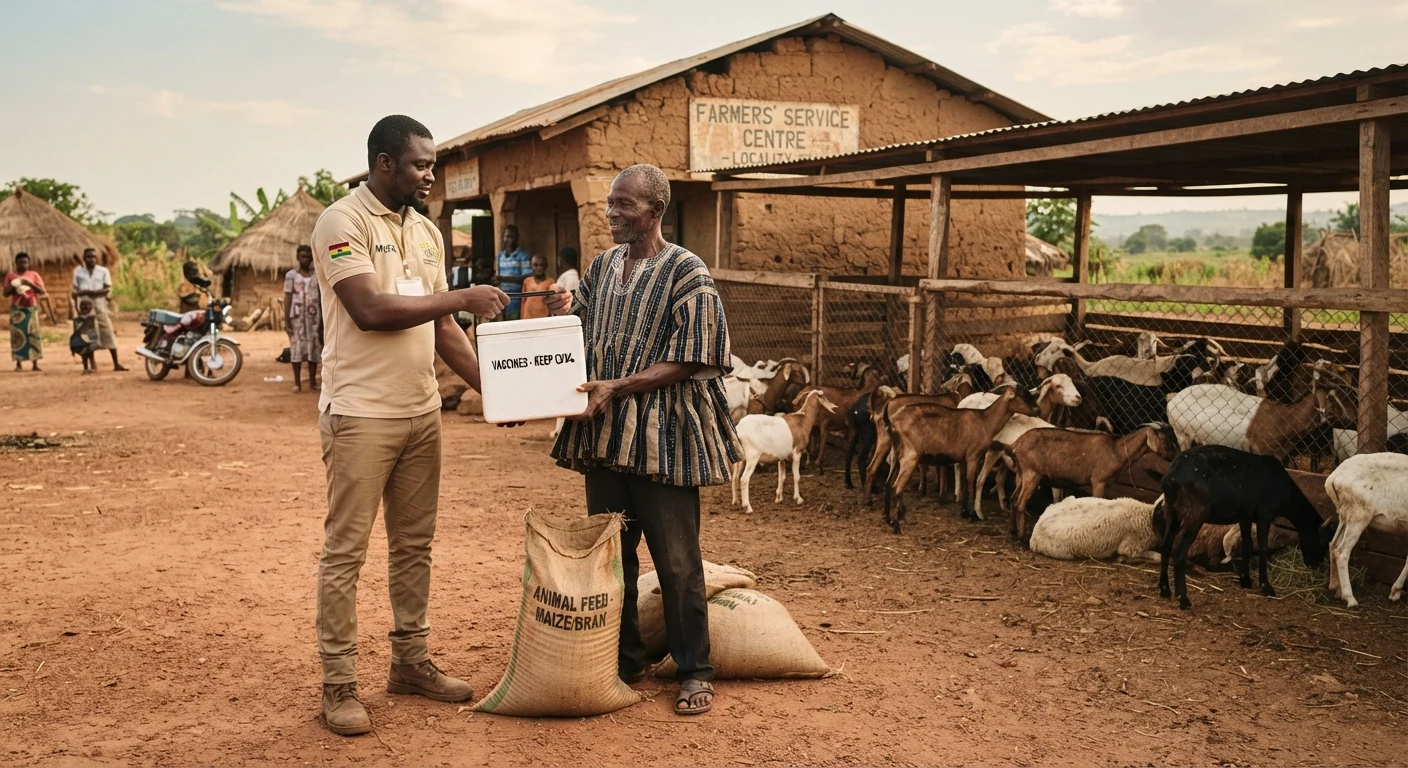 A Ministry of Food and Agriculture extension officer delivering vaccine boxes and feed sacks to a small-ruminant keeper outside a rural Farmers' Service Centre, a goat and sheep flock in the pen behind them, documentary photograph