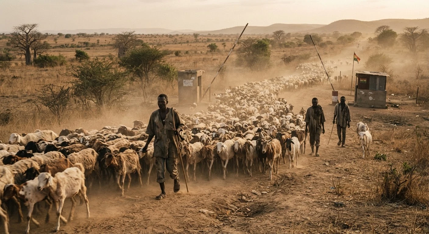 A long line of sheep and goats being trekked across a dusty Sahel border crossing into northern Ghana, herders on foot, dry savannah landscape, documentary photograph