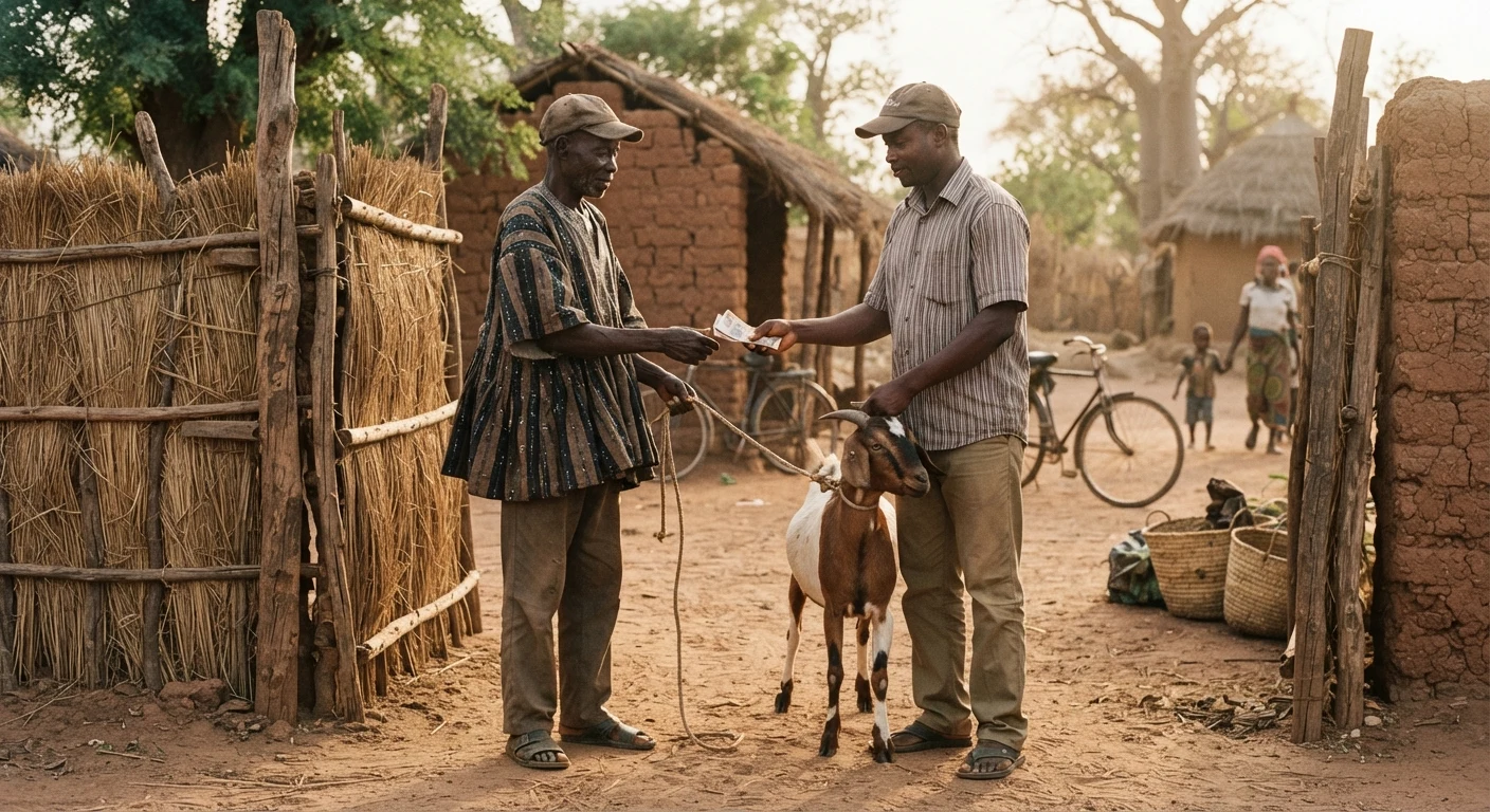 A smallholder keeper handing over a single goat to a livestock trader at a rural compound gate in northern Ghana, cash changing hands, documentary photograph
