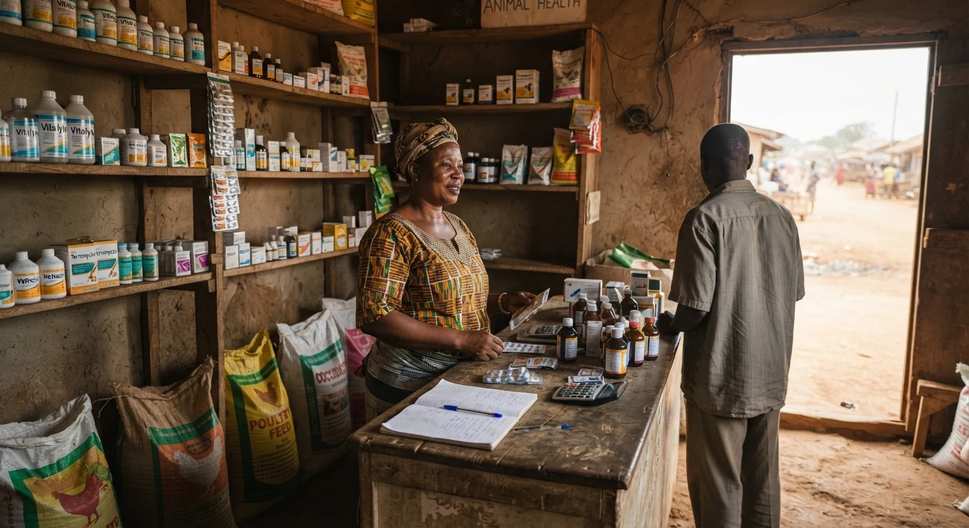 A rural Ghanaian agrovet dealer's small shop with sparse shelves of veterinary drugs and feed sacks, a keeper standing at the counter, documentary photograph