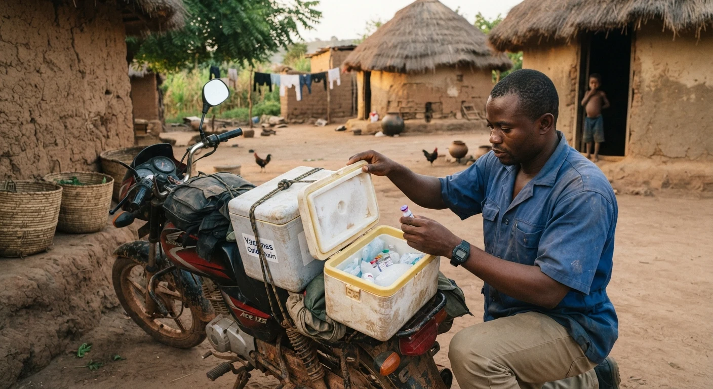 A community animal health worker unpacking a small cold box of vaccine vials from a motorcycle beside a rural Ghanaian compound, no shop or fixed premises visible, documentary photograph