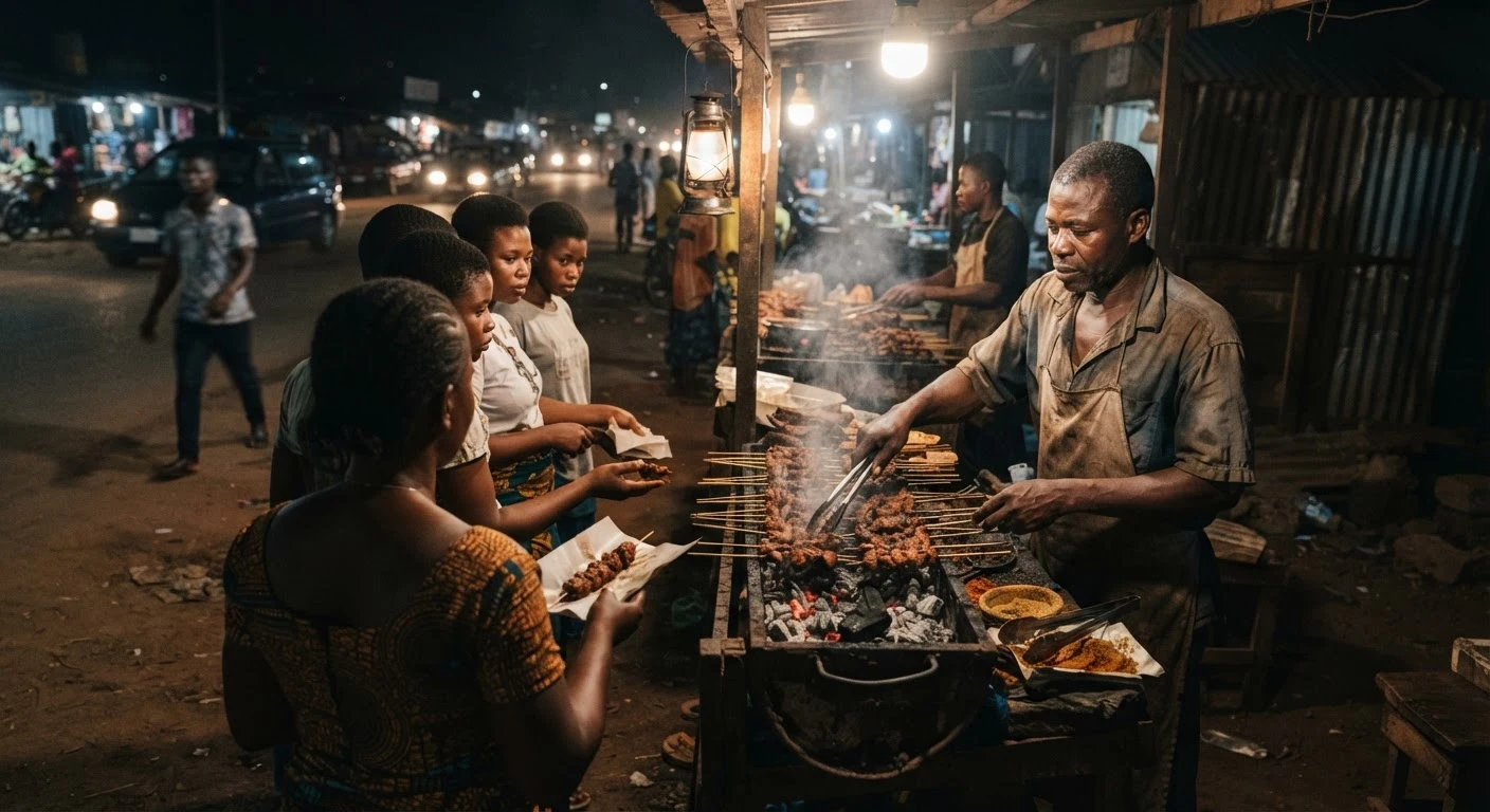 A busy roadside khebab grill stand in Accra at night, skewers of grilled goat meat over charcoal, a vendor serving customers, documentary photograph